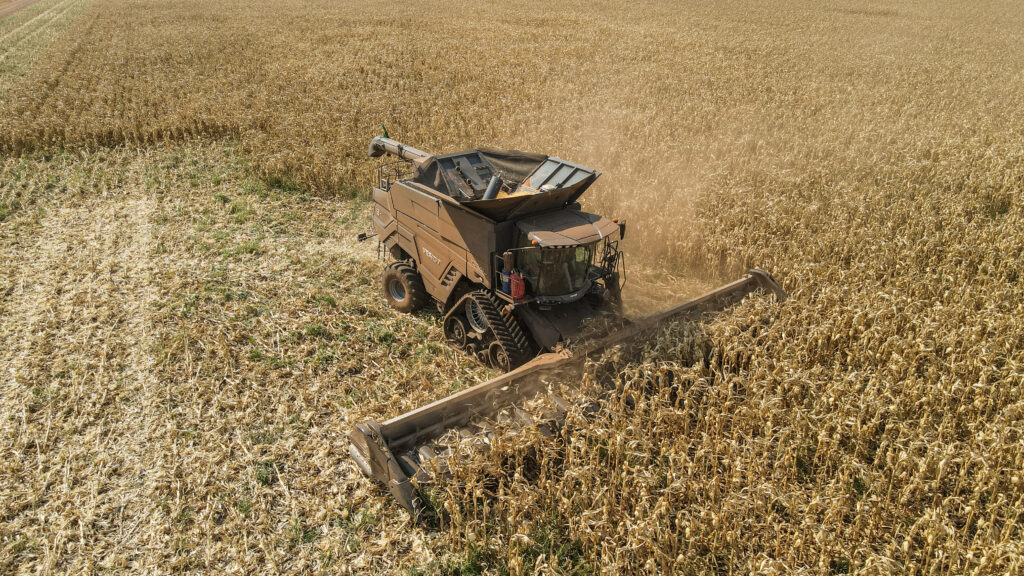 GTS X10 corn header harvesting maize, photographed from above